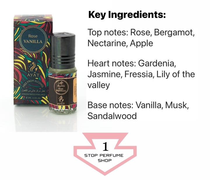 Ayat Rose Vanilla 3ml Alcohol Free Travel Size Roll On Arabian Perfume Oil
